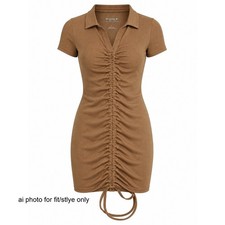 Poof Ribbed Ruched Polo Mini Bodycon Dress Women S Brown