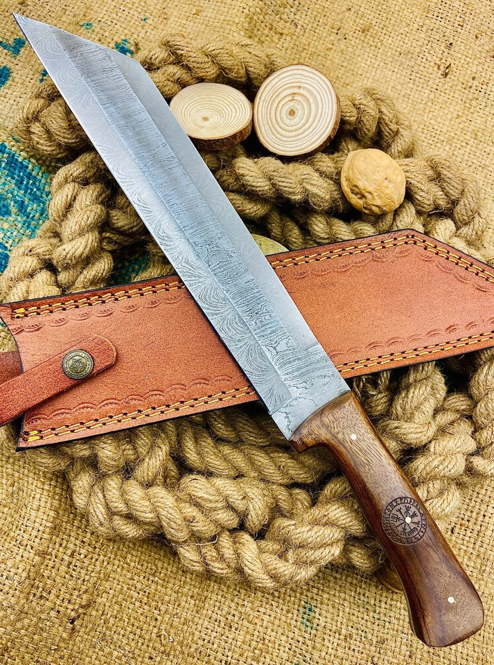 Handmade Viking Seax Hunting Knife Hand Forged Damascus Steel Blade Wood Handle - Image 3 of 4