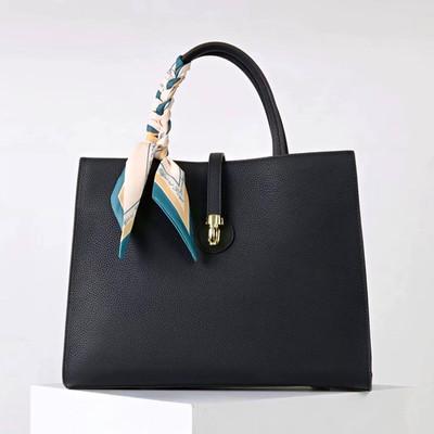 Women's Black Togo Leather Handle Bag, Turn Lock, Strap, Scarf, Pockets