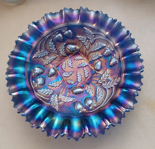 NORTHWOOD CARNIVAL GLASS BLUE STIPPLED STRAWBERRY BOWL