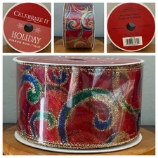 VTG Celebrate It Wired Christmas Ribbon Glitter Gold Red Green Blue Scroll NEW