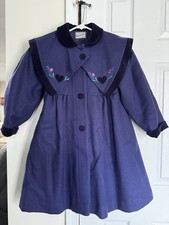 Vintage Rothschild Girls Wool Coat 6/6X Purple Velvet Trim Embroidered Hearts