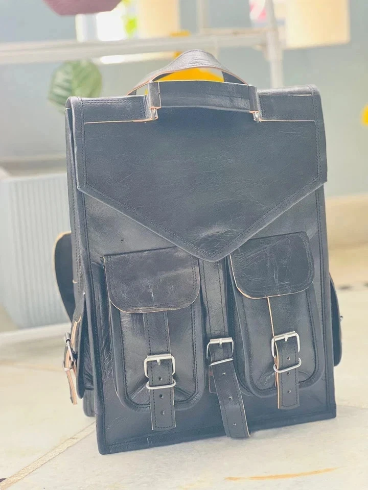 Black Leather Goat Genuine Vintage Messenger Updated Bag Backpack Rucksack