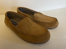 Lands End Womens Sz 7 Slippers Tan. Suede Slip On Leather. Moccasin. House Shoe