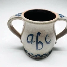 Rowe Pottery Works 1989 ABC Childs Two Handle Mug Cup Salt Glazed Stoneware