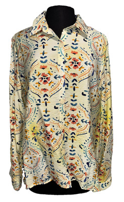 NWT  Boho Tile Floral Print Button Up Blouse Size Med Yellow Cream Long Sleeve