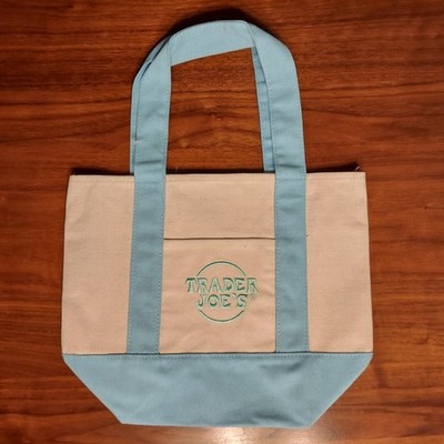 TRADER JOE'S MINI TOTE BAG PASTEL BLUE SPRING COLOR CANVAS STRAPS NEW WITH TAGS