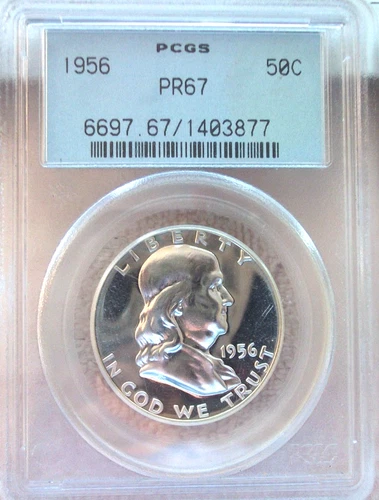 1956 TYPE 2 (3 FEATHERS LEFT SIDE PERCH) FRANKLIN SILVER PROOF HALF PCGS PR67