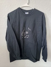 Gildan Ultra Cotton Long Sleeve Tee T-Shirt, Black W/ Music Notes Women M.    #I