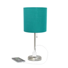 LT1144 Brushed Steel Table Lamp with Charging Port Teal Shade for Bedroom Office