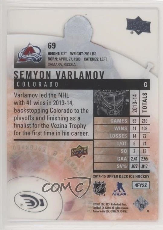 2014-15 Upper Deck Ice Semyon Varlamov #69 - Image 2 of 2