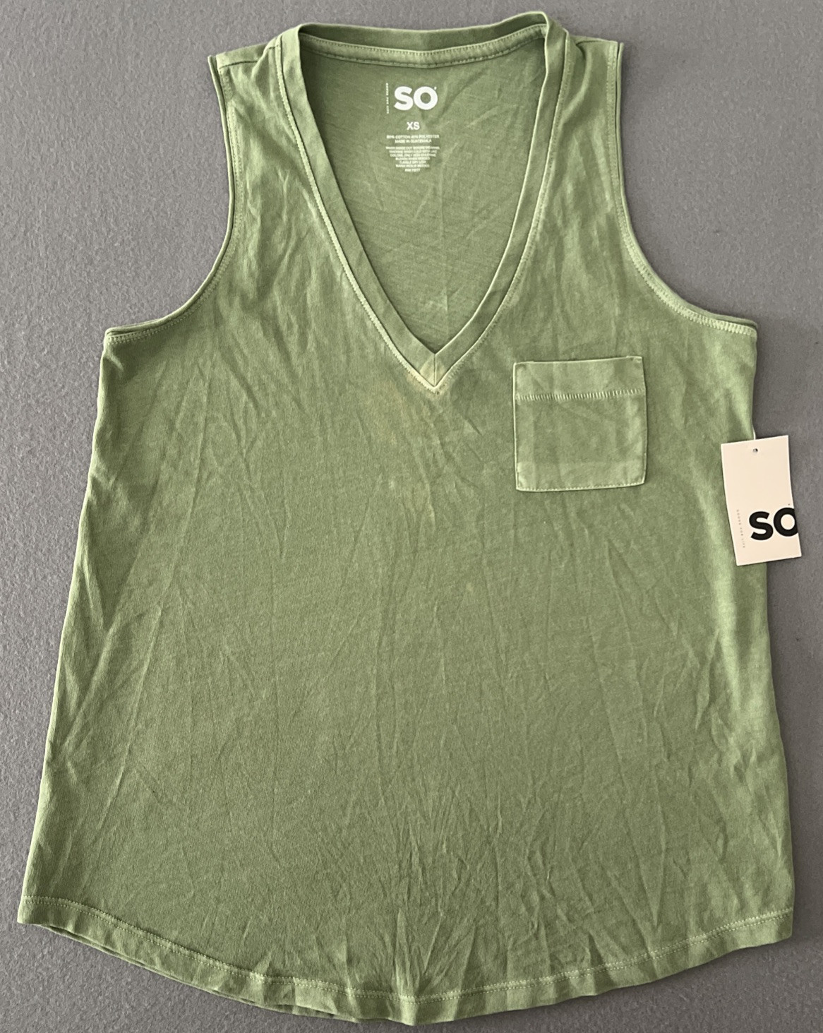 SO Womens Size XS V-Neck faded army Green Pocket Tank Top Goods For Life NWT