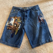 Vintage Y2K Raw Blue Baggy Embroidered Denim Shorts Men 42 Wide Leg Loose