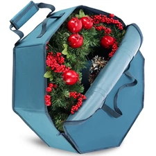 30" Hard Shell Holiday Wreath Storage Container with Interior Pockets, Dual Zipp