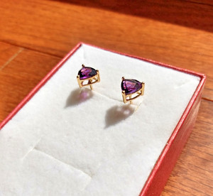 Amethyst Trillion Cut Stud Earrings 14K Yellow Gold February Birthstone