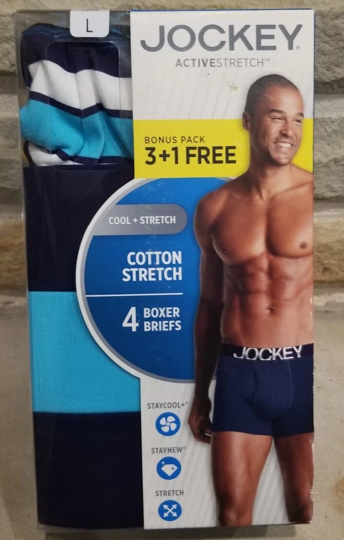 Jockey Mens Active Stretch Cotton Boxer Briefs 4 Pack Blue L New