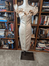 Pretty little thing champagne cocktail dress body con satin ruffled neckline nwt