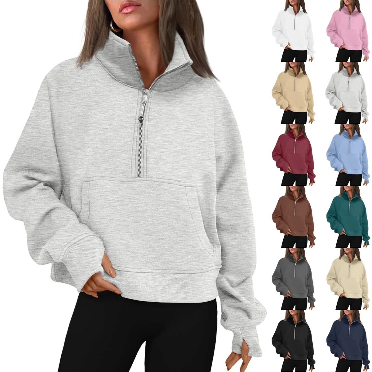 Women Zip Sweatshirts Long Sleeve Lapel Pullover Thumb Hole Cropped Pocket  Tops