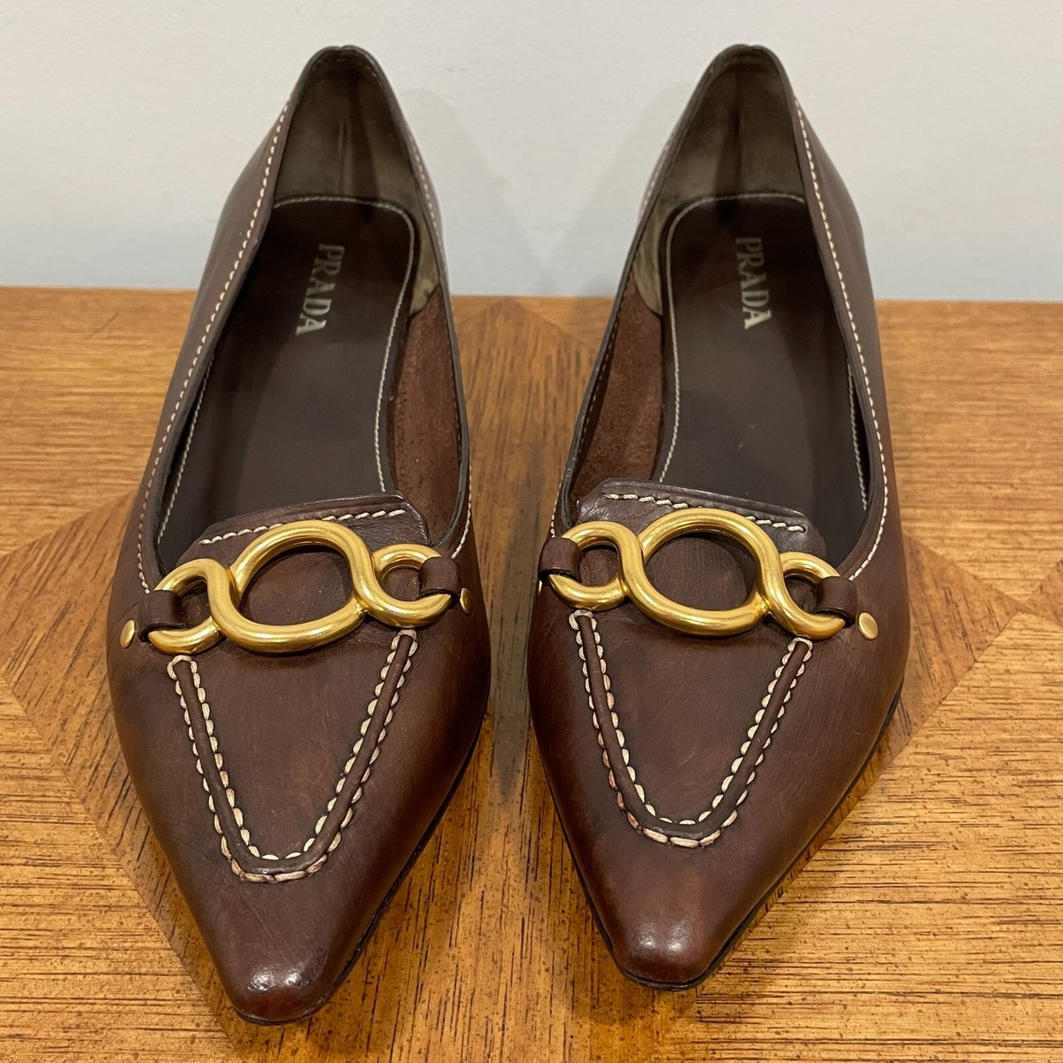 Prada Kitten Heels Pumps 37.5 / 7.5 Brown Leather Bit Gold Rings Pointed Toe VTG View 4