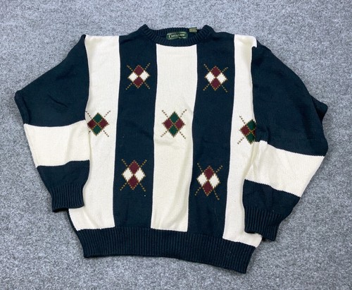 Preppy Style Blue White Diamond Chunky Knit Sweater Adult Medium Heavyweight
