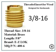 E-Z Lok P/N 400-6, 3/8-16 Threaded Brass Insert For Wood (10 Pieces)