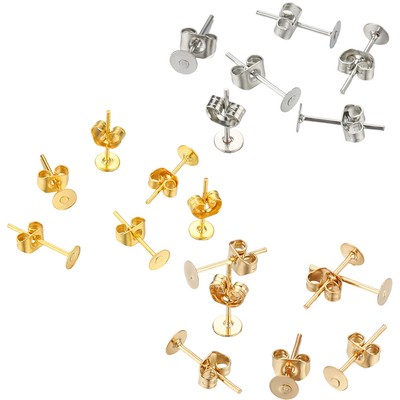 100X Blank Post Earring Studs Base Pins Flat Round Ear Studs Posts Blank Tray