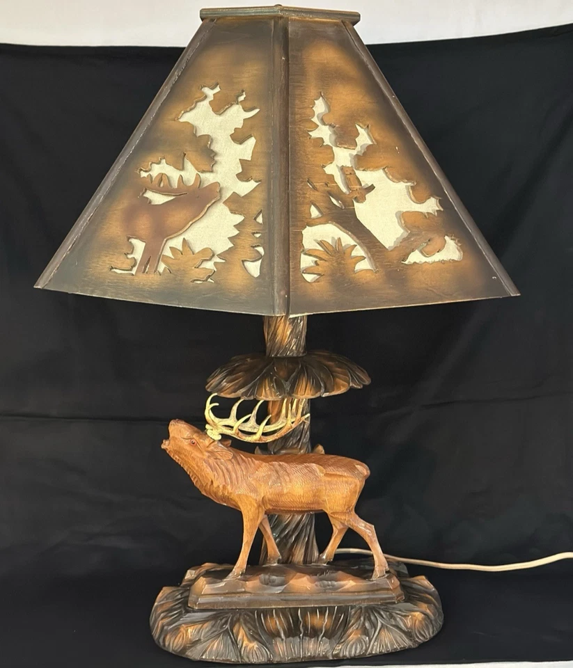 ANTIQUE GERMAN WOOD CARVED ELK TABLE LAMP WITH ORIGINAL SHADE BY RHON SEPP - Image 2 of 4