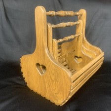 Vintage 1980s Wood Basket Yarn Holder 3 Heart Cut Out 14  12  10  L Cottagecore