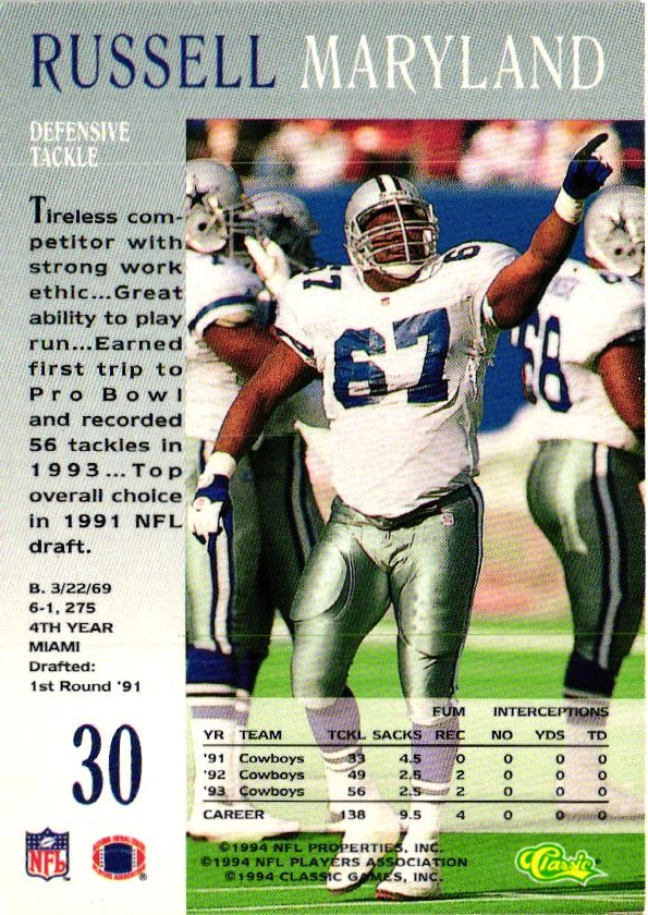 1994 Classic Pro Line Live - #30 Russell Maryland - Dallas Cowboys - Image 2 of 2