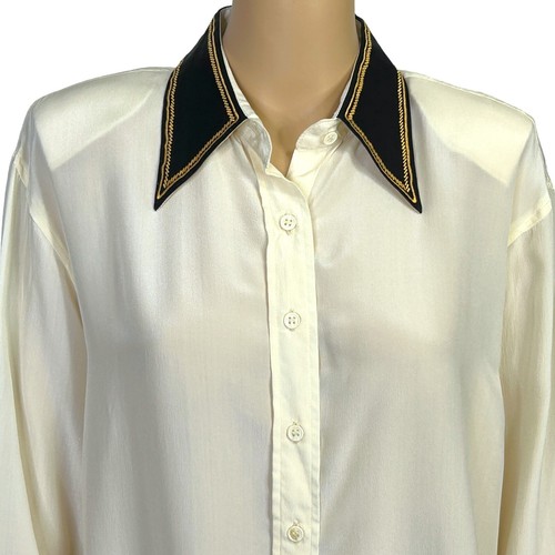 A.M. Studio Womens XL 100% Silk Faux Leather Collar Cuffs Button Up Blouse Shirt - Picture 2 of 12
