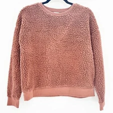 A New Day Fuzzy Teddy Sweater Womens Size M Brown Sherpa Crew Neck Pullover