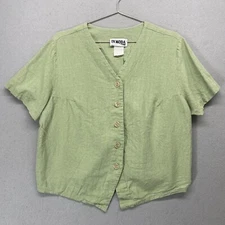 Vintage In Moda Top Womens 18 Green Linen Casual Button Up Made in USA