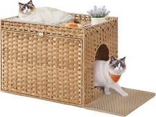 Cat Litter Box Enclosure Handwoven Rattan Hidden Litter Box Furniture W/ Extra