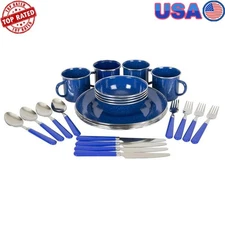 24-Piece Blue Enamel Tableware Set Durable Steel Material Lightweight & Compact