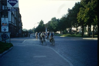 c1970's Kodachrome 35mm Slide Aral Gas Station Sign Cyclists Germany Banner Road