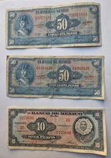 THREE (3) Bank Of  Mexico 50 50 10 Pesos  Bank Notes 1965 & 1967