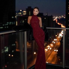 Womens Solid-Color Elegant Halter Neck Bodycon Long Dress