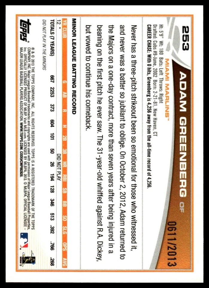 2013 Topps #253 Adam Greenberg Gold #/2013 - Image 2 of 2