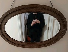 Mid-Century Large Oval Resin & Wood Wall Mirror w/ Faux Grain & Chain