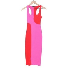 Naked Wardrobe Pink Red Colorblock Ribbed Bodycon Midi Dress M
