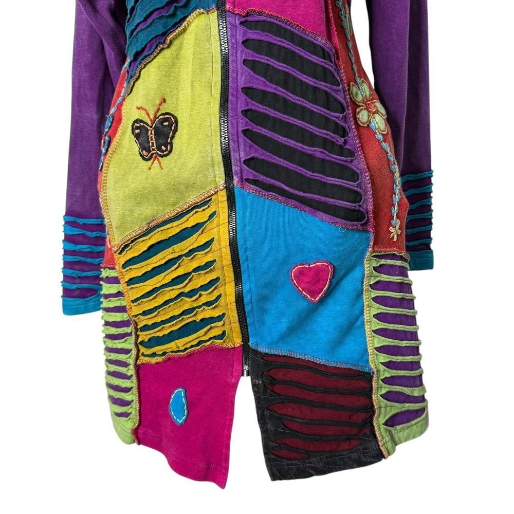 BOHO Patchwork Long Tunic Hoodie Jacket Size M Hi… - image 3