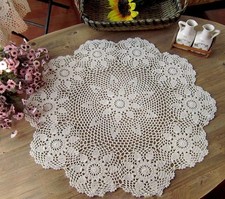 23in Vintage Hand Crochet Lace Doily Round Cotton Table Cloth Topper Mat Flower