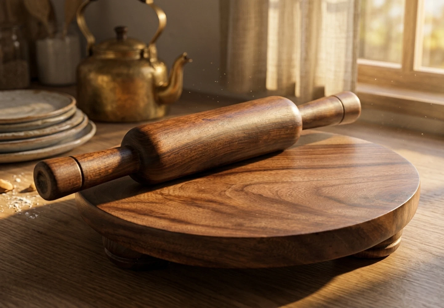 Classic Kitchen Wooden Chakla Belan Set – Roti & Dough Rolling Tool