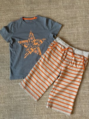 EUC Mini Boden Boys Graphic T-Shirt & Striped Long Knit Shorts Set 9 10Y Cotton