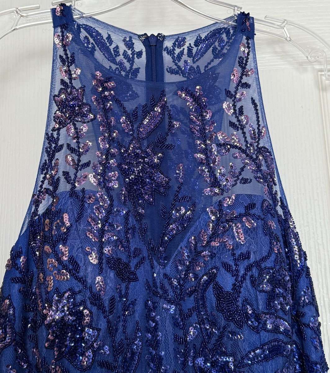 Sherri Hill Blue Floral Sequin Tulle Mermaid High Neck Long Dress Zip 14 |  eBay