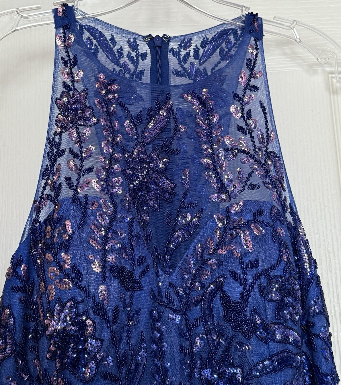 Sherri Hill Blue Floral Sequin Tulle Mermaid High Neck Long Dress Zip 14