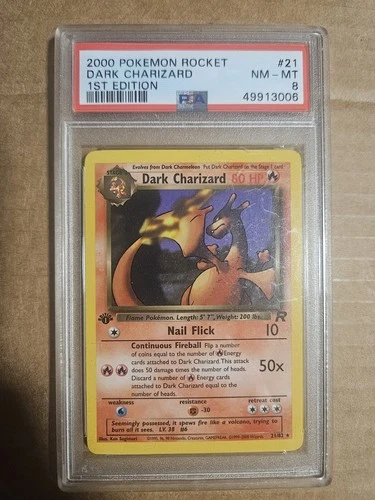 DARK CHARIZARD - 2000 Pokemon Rocket, 1st Edition #21, PSA 8