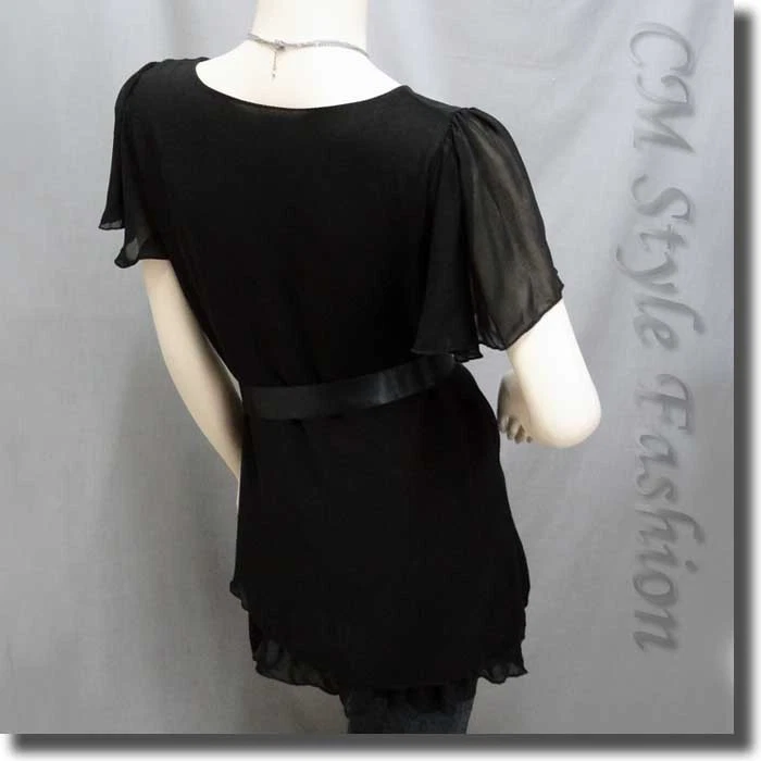 Vestido túnica fluido mariposa manga acampanada de gasa con cinturón negro S Foto 4 de 4