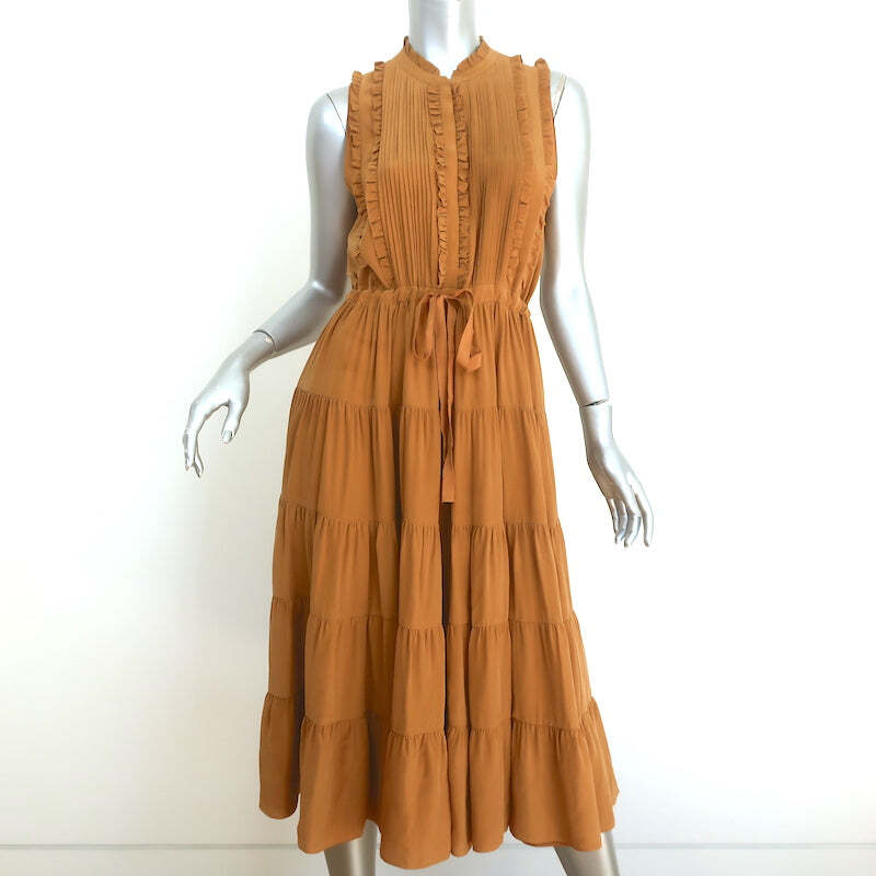Ulla Johnson Sleeveless Tiered Midi Dress Minetta Mustard Silk Size