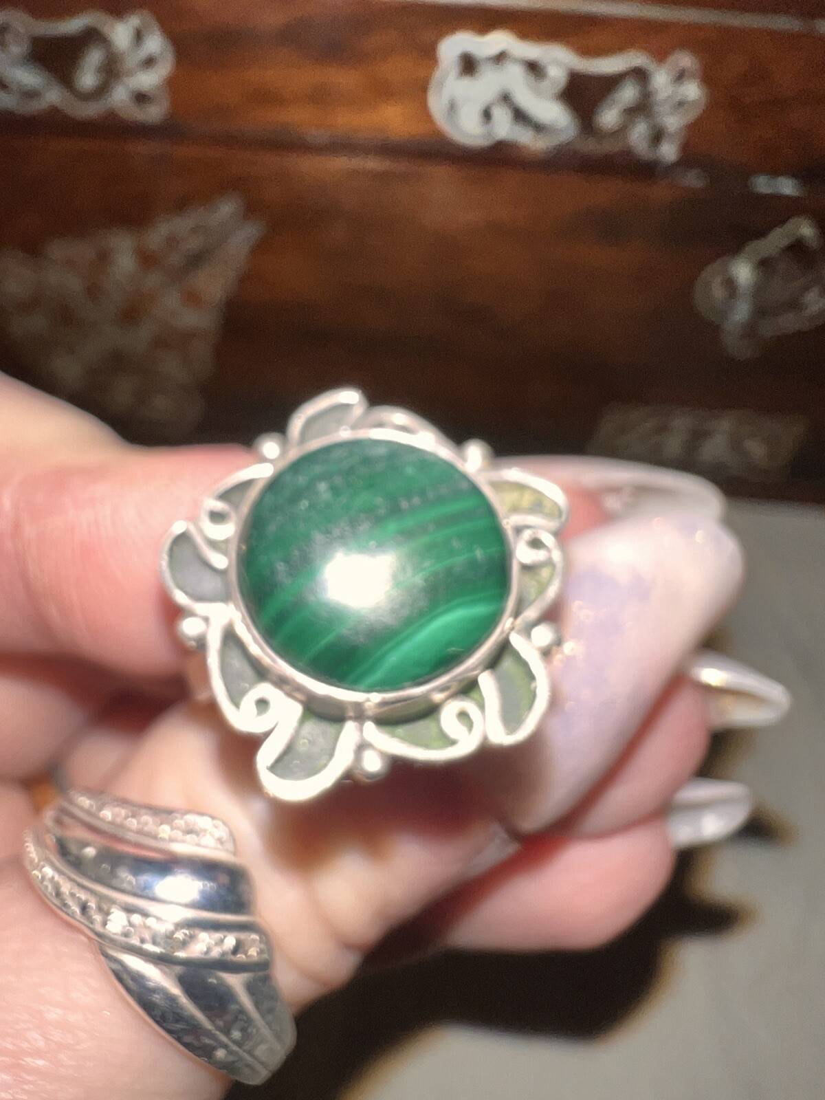 Unusual Solid Silver Adjustable Ring With Natural… - image 3